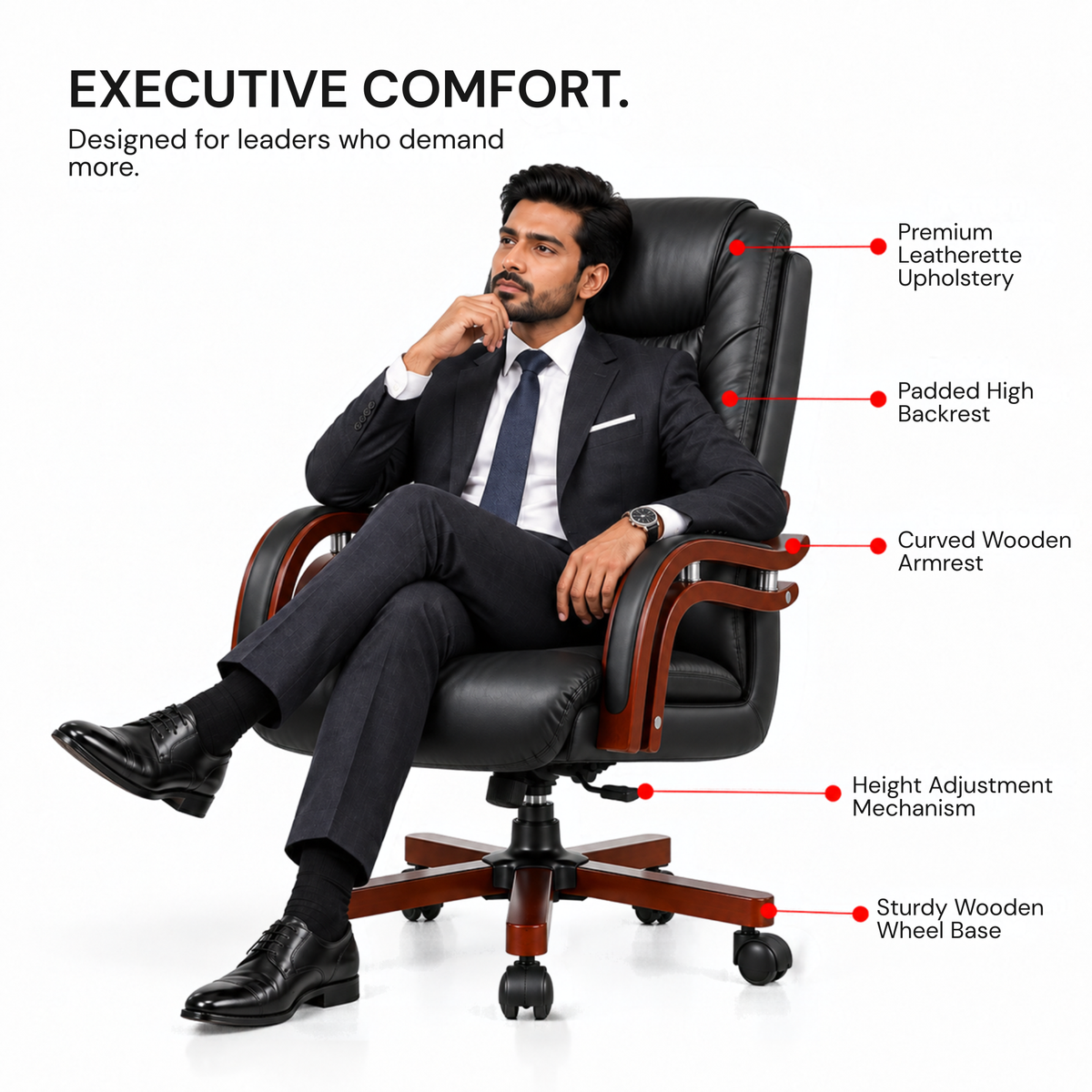 High Back Director Chair for office Made in Plyboard with Leatherette Upholstery & Armrest with wooden WheelBase & Revolving Chair -black