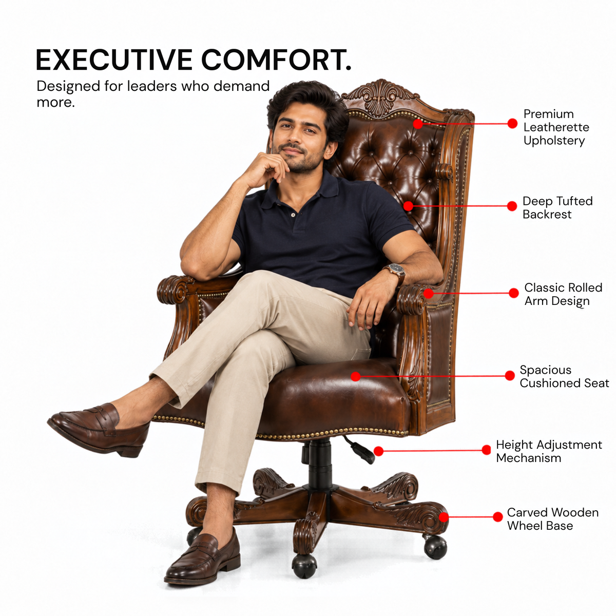 Luxury Design Boss and Director High-Back Leatherette Office Chair Swivel, Adjustable Height, Fixed Armrest, and for Wooden Base