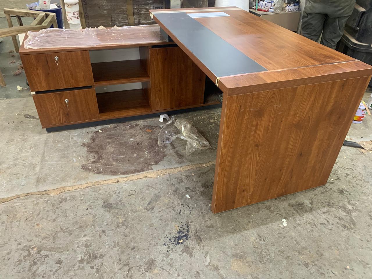 Director Office Table Made In Particle Board with Side Unite and Drawers & CPU Space - Teak Walnut Finish
