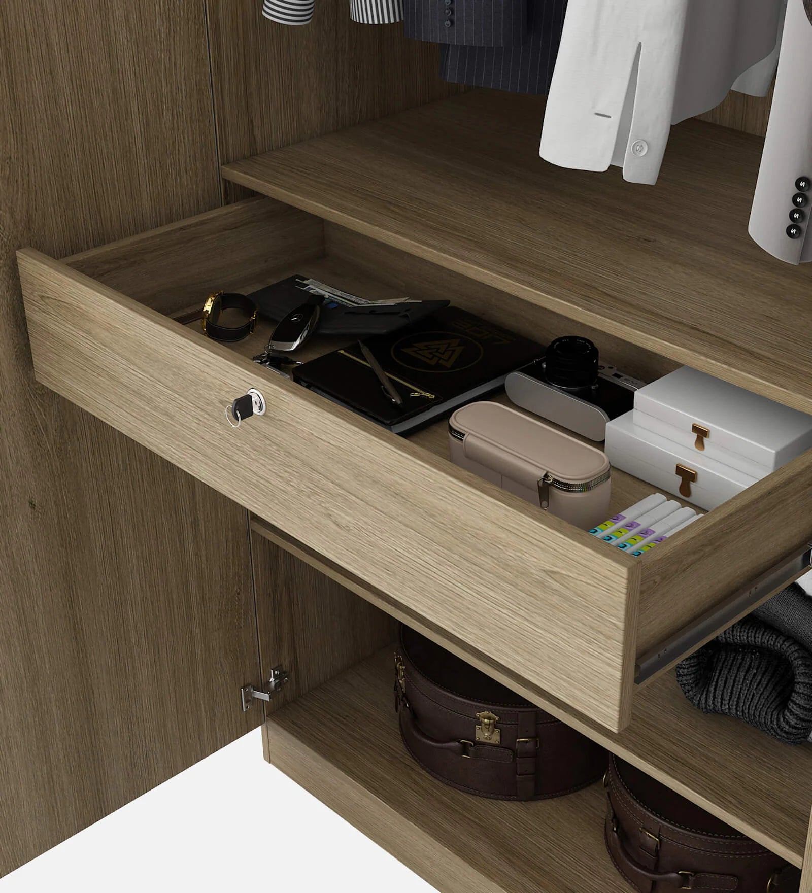 Wardrobe 4‑Door with Space-Saving, Soft-Close Mechanism, Designer Handles with Locker
