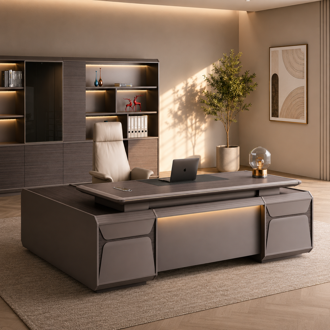 Modern Director Office Table with Side Credenza Storage | Luxury Executive Desk for CEO Cabin, Corporate Office & Workspace
