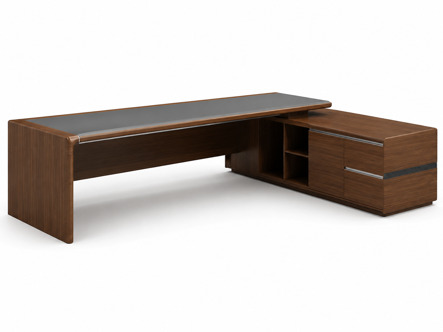 Modern Luxury Executive Office Desk with Side Credenza Storage, Walnut Wood Finish, Premium MDF Construction and Contemporary Workspace Design