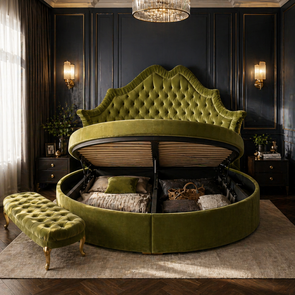 Royal Round Bed in Olive Green Premium Velvet with Deep Diamond Tufted Wingback Headboard, Polished Gold Metal Legs