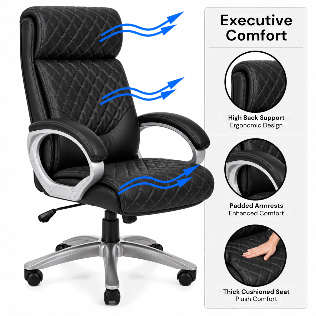 Luxury Executive Office Chair with Diamond Quilted High Backrest, Padded Headrest, Cushioned Armrests, Adjustable Height & Chrome Swivel Base