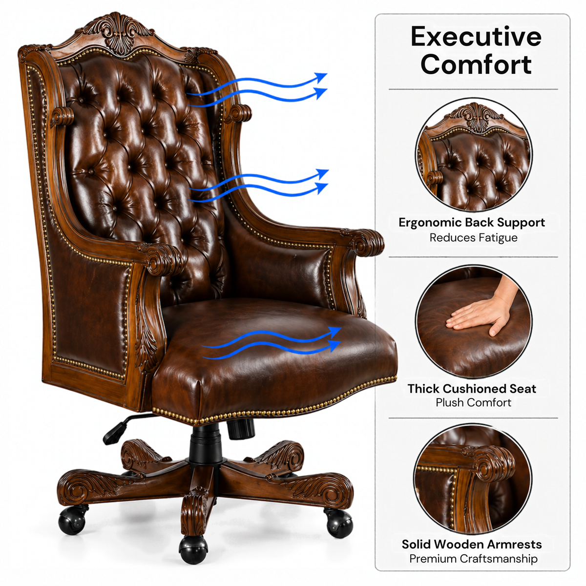 Luxury Design Boss and Director High-Back Leatherette Office Chair Swivel, Adjustable Height, Fixed Armrest, and for Wooden Base