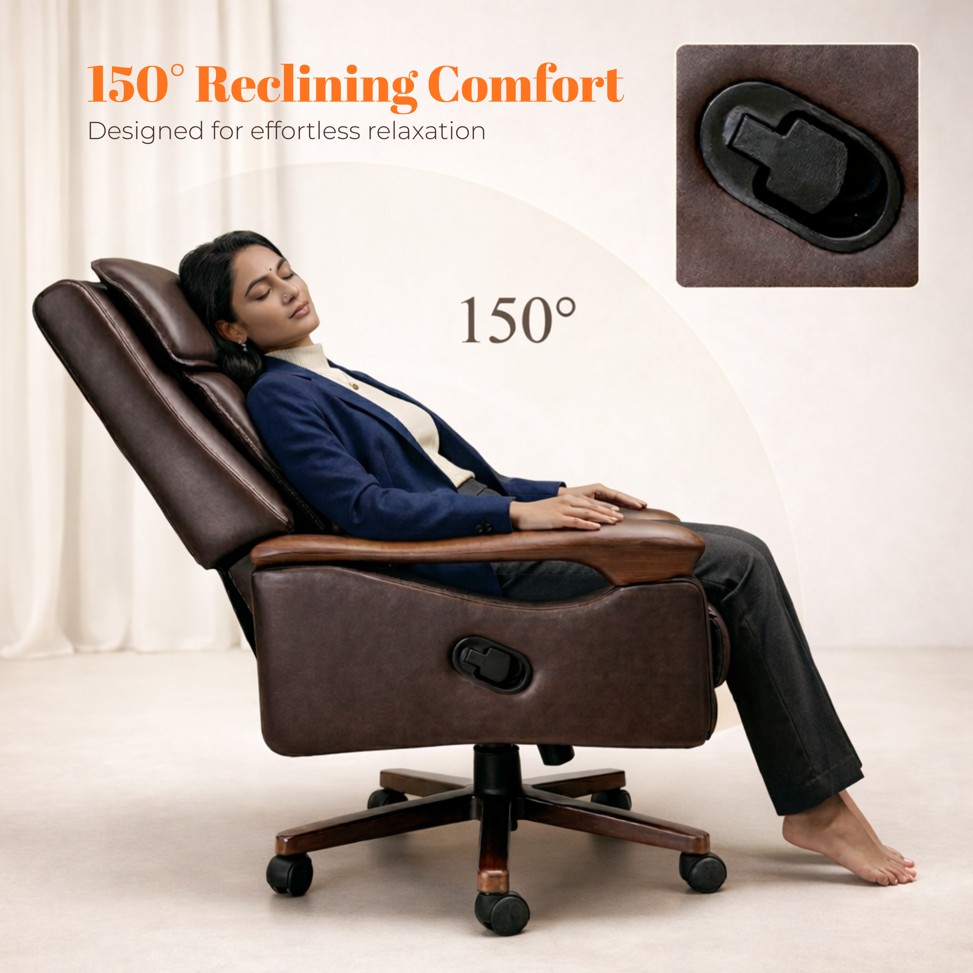 Luxury Wooden Director Chair with Premium Leather Upholstery, Ergonomic Design, Solid Wood Frame, Executive Comfort 150° Reclining Seat