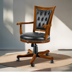 Luxury Office Director Chair Tufted Design Made in Solid wood with Leatherette and High Density Foam & Handcrafted wooden Wheelbase and wooden Polish