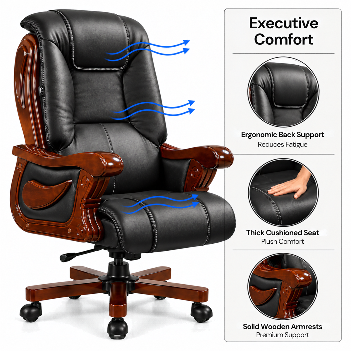High Back Director Chair for office Luxury Design Made in Plyboard with Leatherette Upholstery & Armrests & Height Adjustable