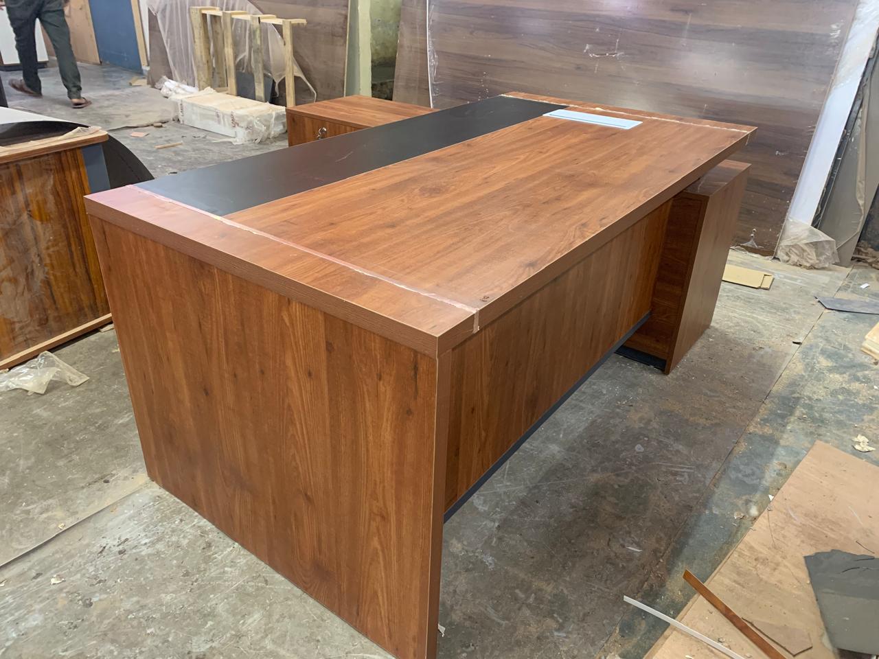 Director Office Table Made In Particle Board with Side Unite and Drawers & CPU Space - Teak Walnut Finish