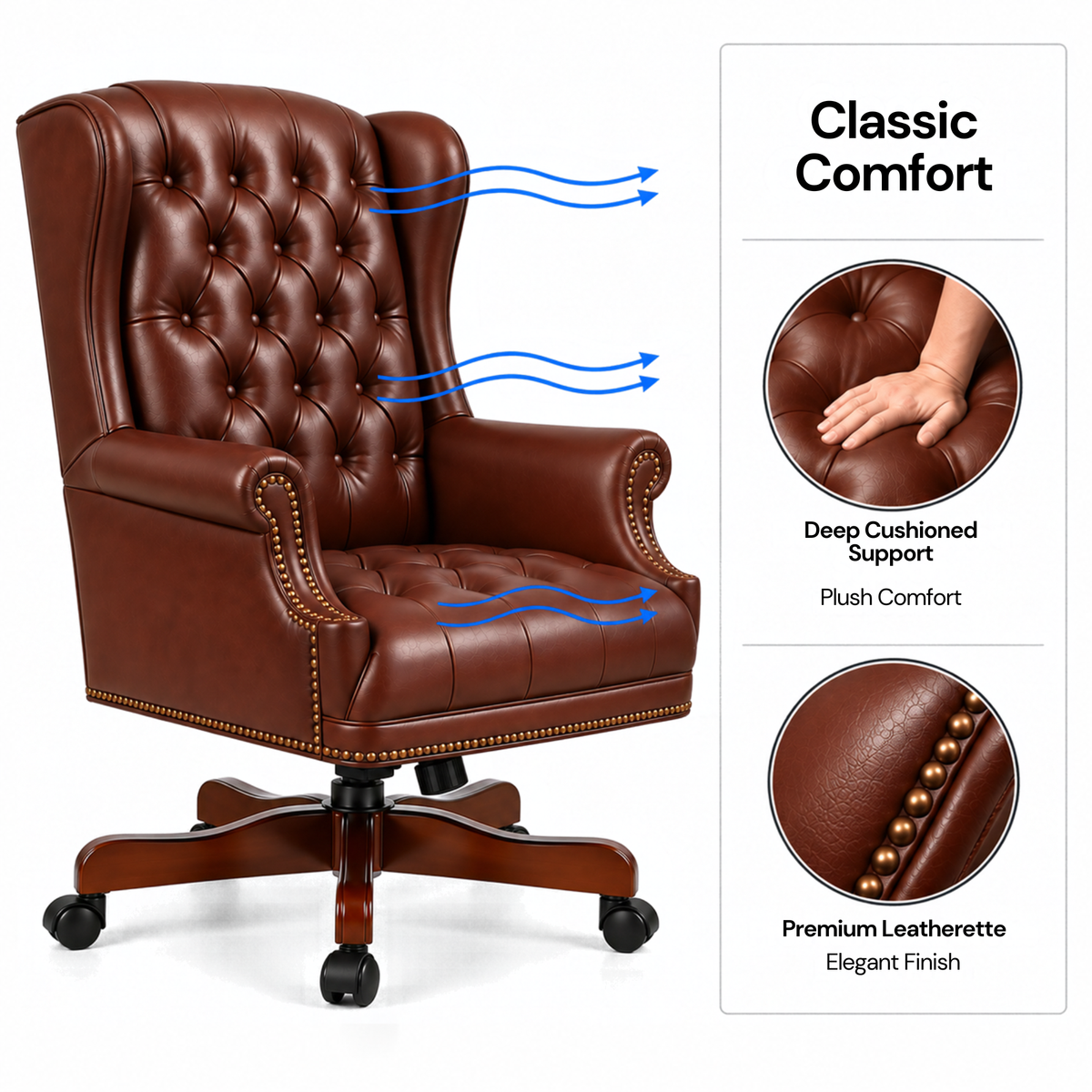 Luxury Wingback Swivel Chair with Wooden Base and Classic Tufted Style Director Desk Chair