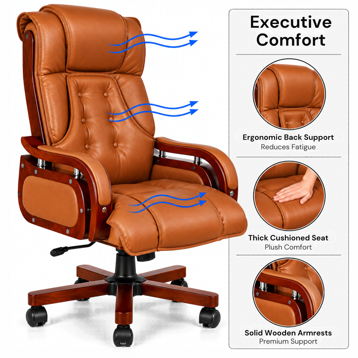High Back Executive Chair for Office | Leatherette Upholstery with Wooden Base & Handle | Revolving Director Chair with Cushioned Seat & Headrest | Boss Chair Brown