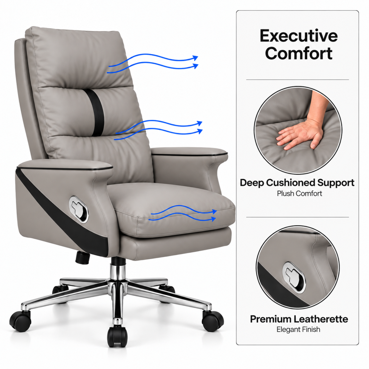 Luxury Leatherette Director High Back Office Chair with Recliner, Ergonomic Design, Chrome Base and Smooth Castors – Premium Brown Executive Chair