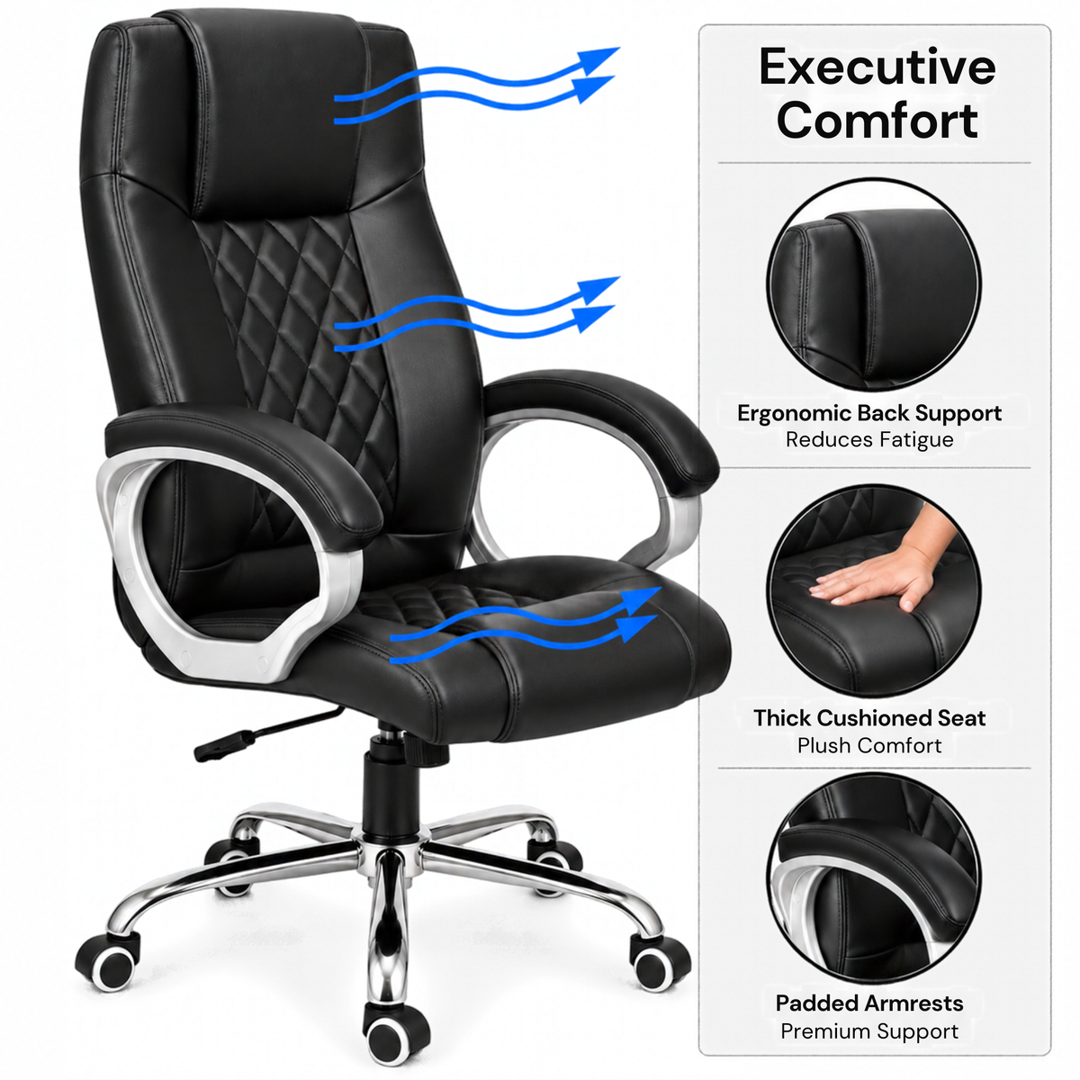 Modern Director Office Chair, Leatherette Upholstery with High Back and Powder-Coated Chrome Base