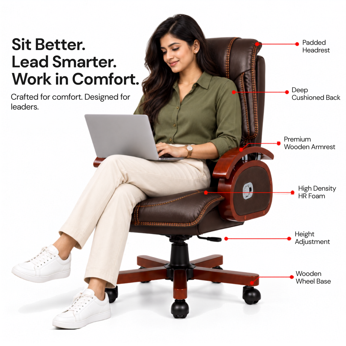 Premium High Back Leatherette Wooden Base & Handle Office Chair for Director & Executive | Revolving Recliner, Soft Heavy Cushion