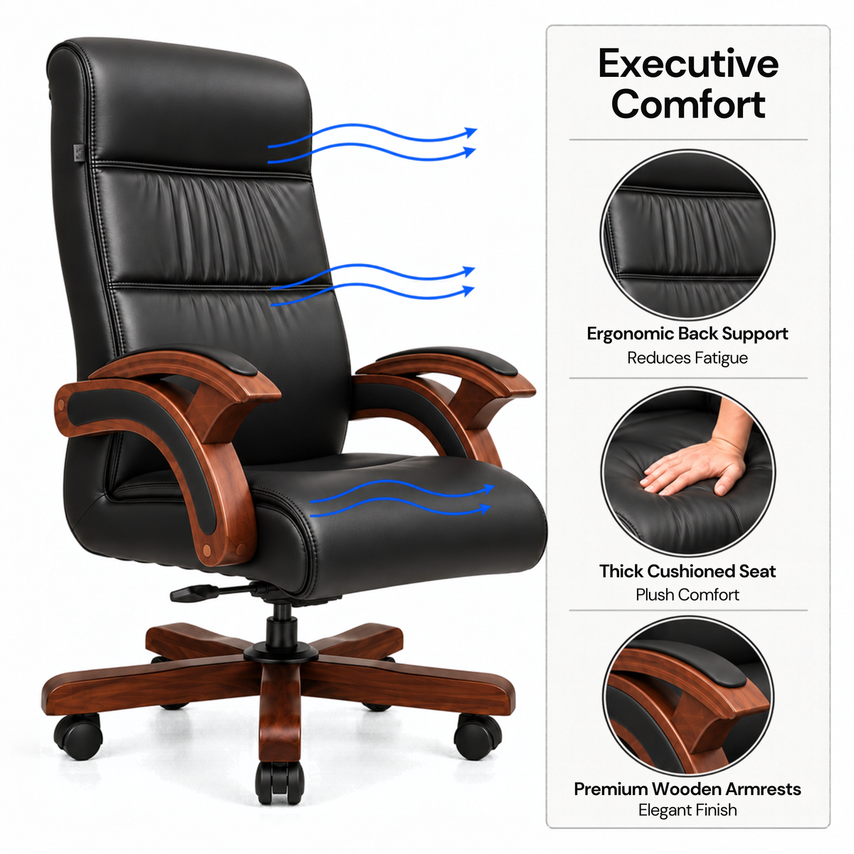 Director Chair for office Made in Plyboard with Leatherette Upholstery & Armrest with Height Adjustable & Revolving Chair -black