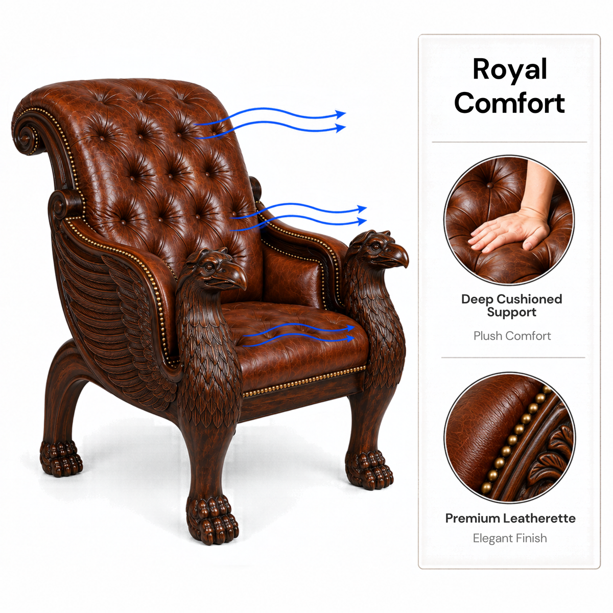 Royal Handcrafted Director's Chair – Solid Teak Wood with Leatherette Upholstery & Brown Carved Armrests