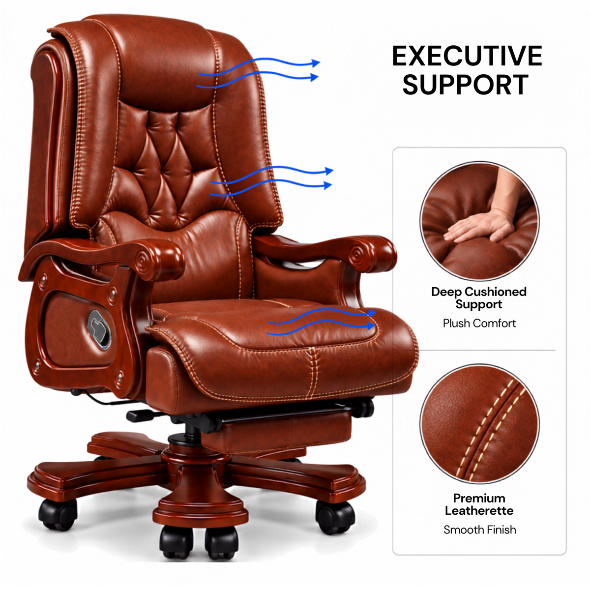 High Back Luxury Office Director Chair Made in Plyboard with Leatherette and High Density Foam & Recliner Feature and Double Wheel with wooden Polish