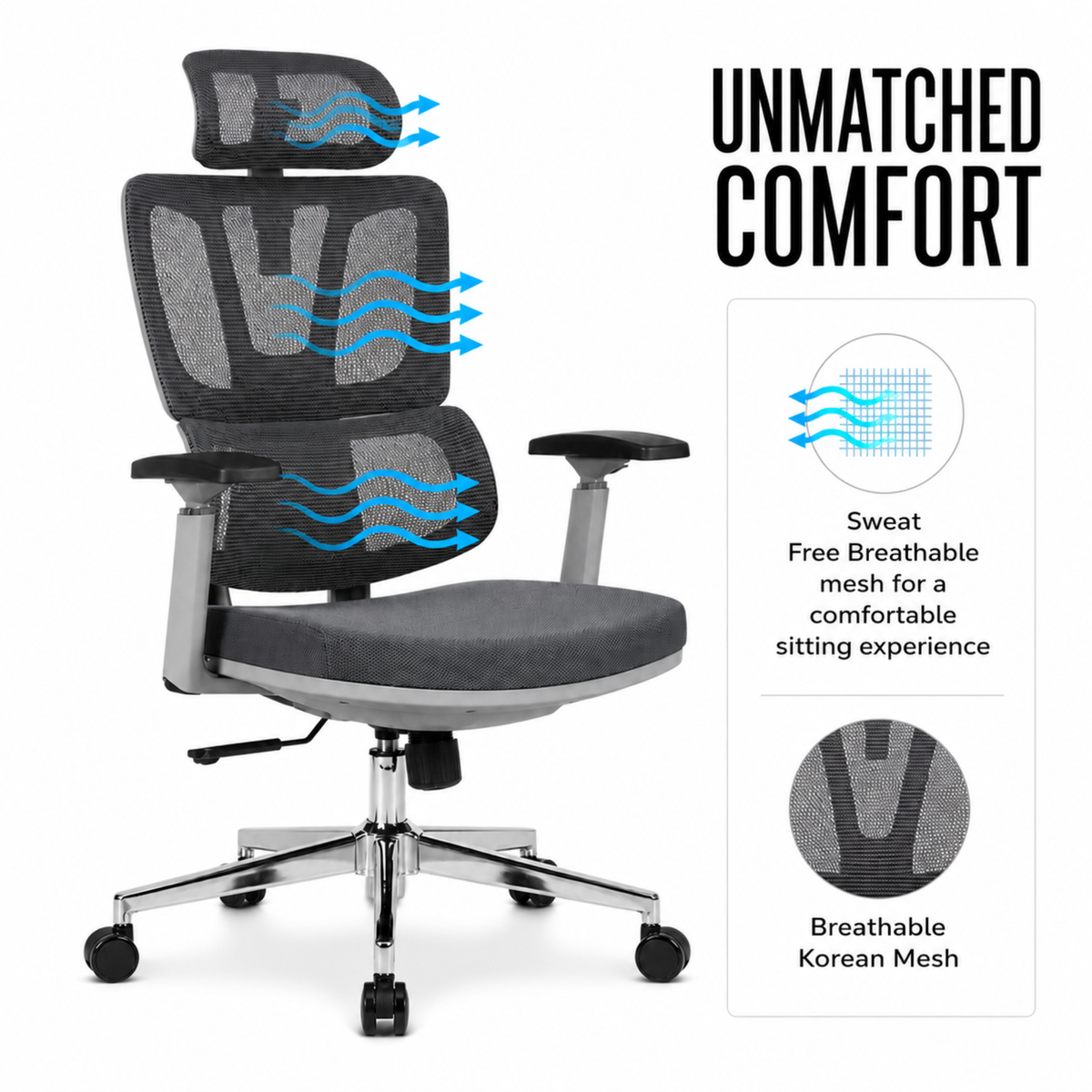Executive High Back Mesh Chair with Adjustable Headrest, Ergonomic Lumbar Support, Breathable, Comfortable Seat Cushion, Smooth Swivel Base for Office