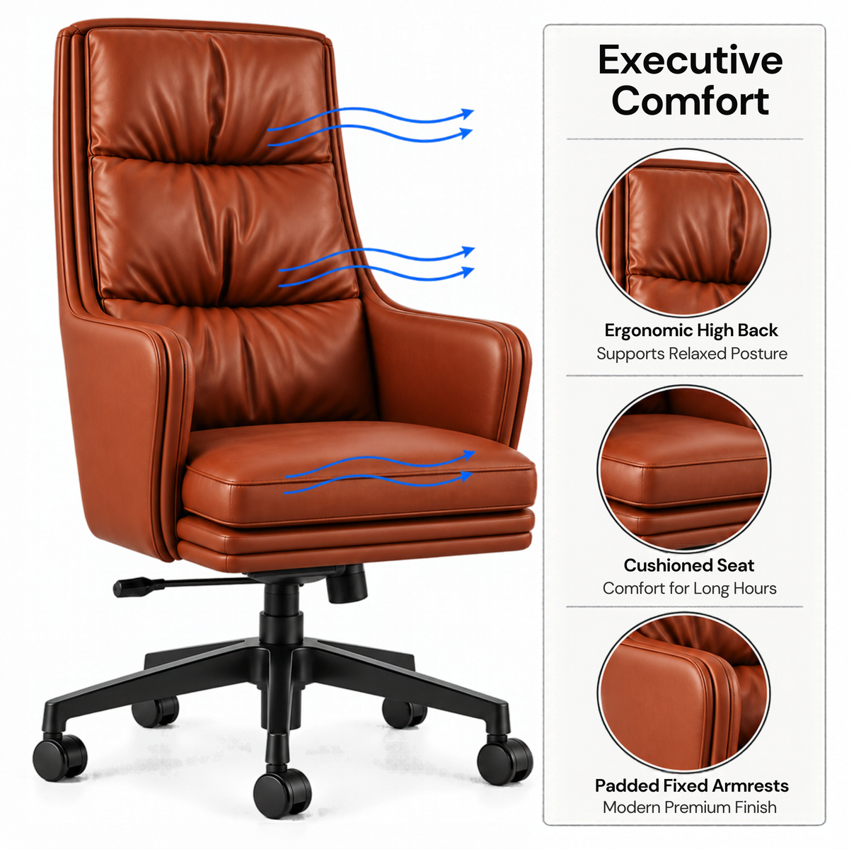 Premium High Back Executive Office Chair with Padded Armrests, Tilt Mechanism, Height Adjustment & Smooth Mobility for Home and Office