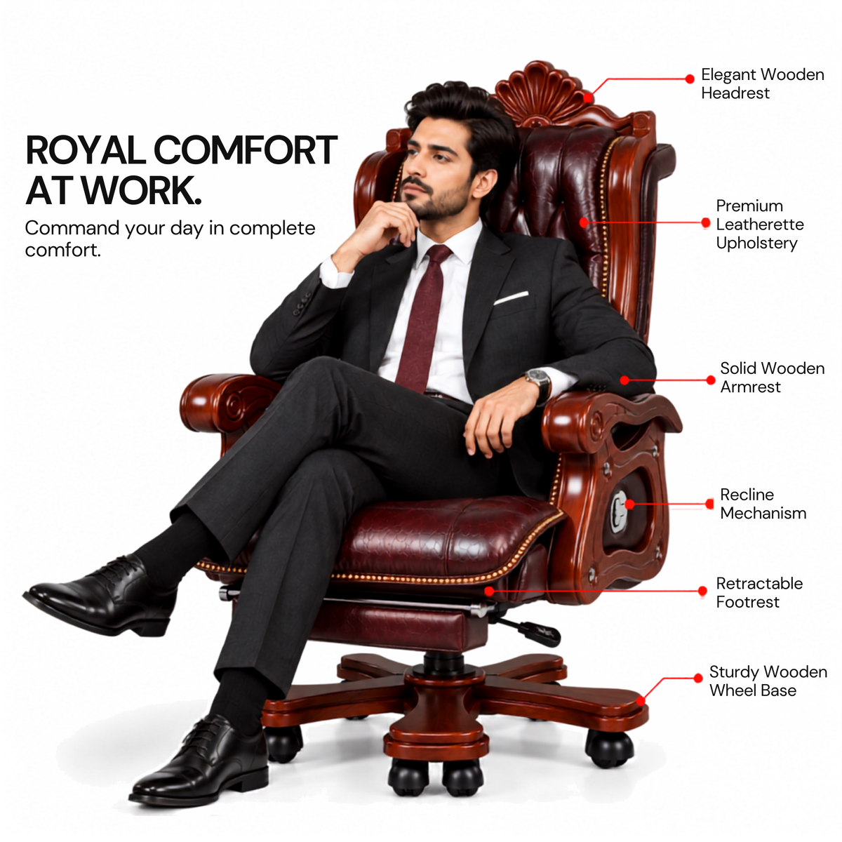 Luxury Office Director Chair Made in Teak wood with Leatherette and Soft Padded - Armrest and Swivel Base and Polish, 150° Reclining Office Seat -Brown