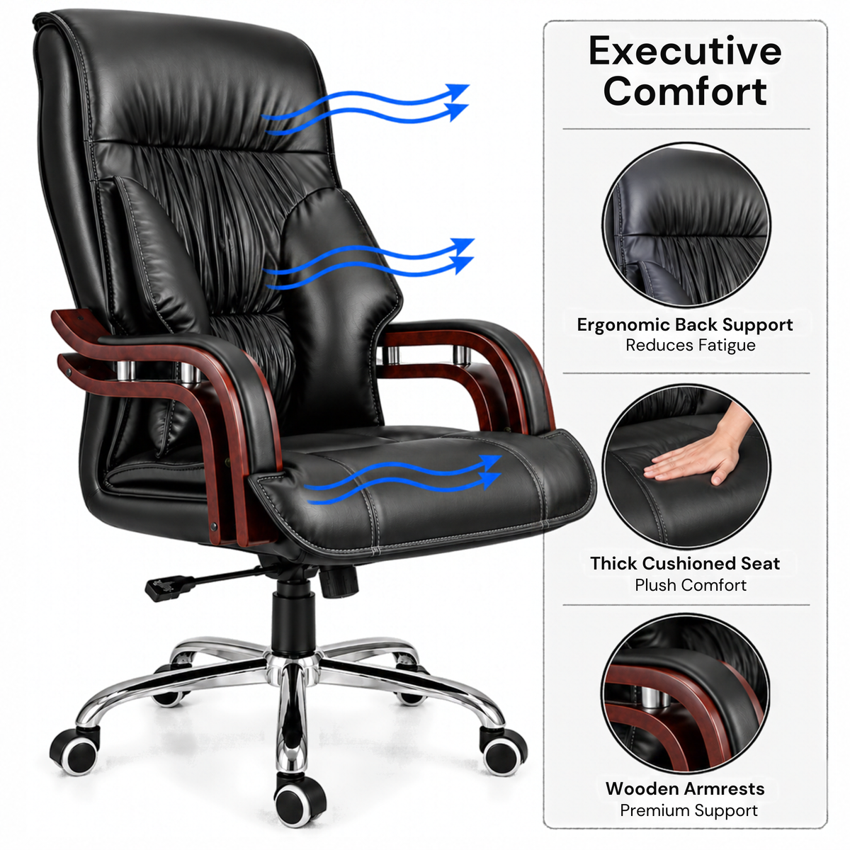 Luxury Boss Chair with High Back Leatherette Design and Stylish Chrome Base and Wooden Handle