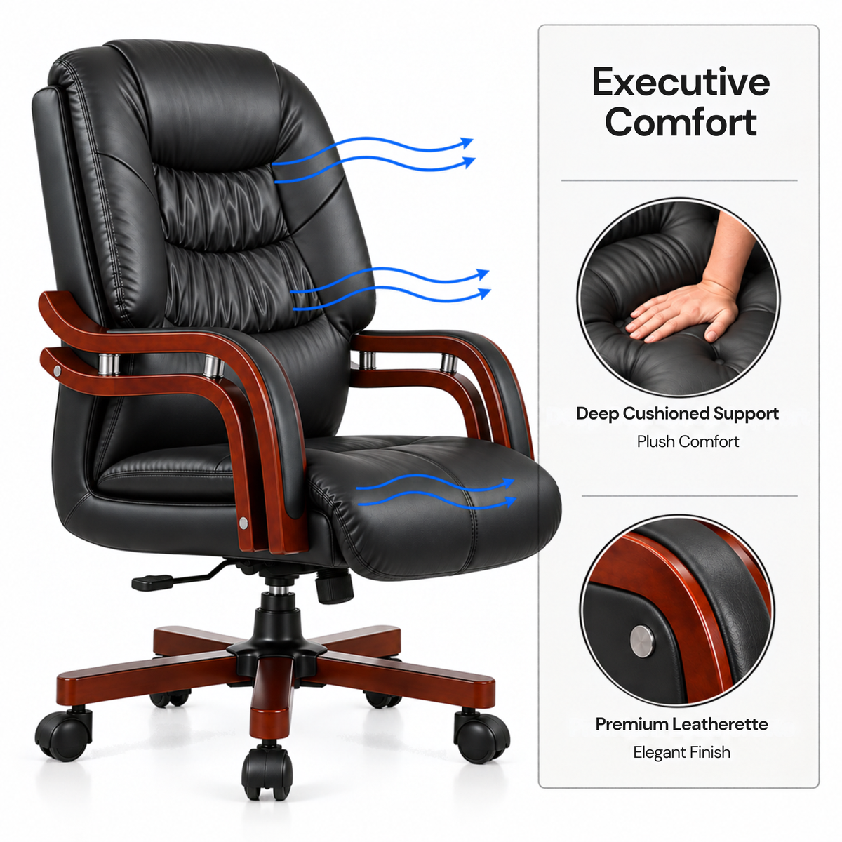 High Back Director Chair for office Made in Plyboard with Leatherette Upholstery & Armrest with wooden WheelBase & Revolving Chair -black