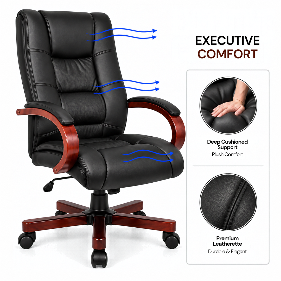 Stylish Leatherette Director and Boss Office Chair with Wooden Handle and Base