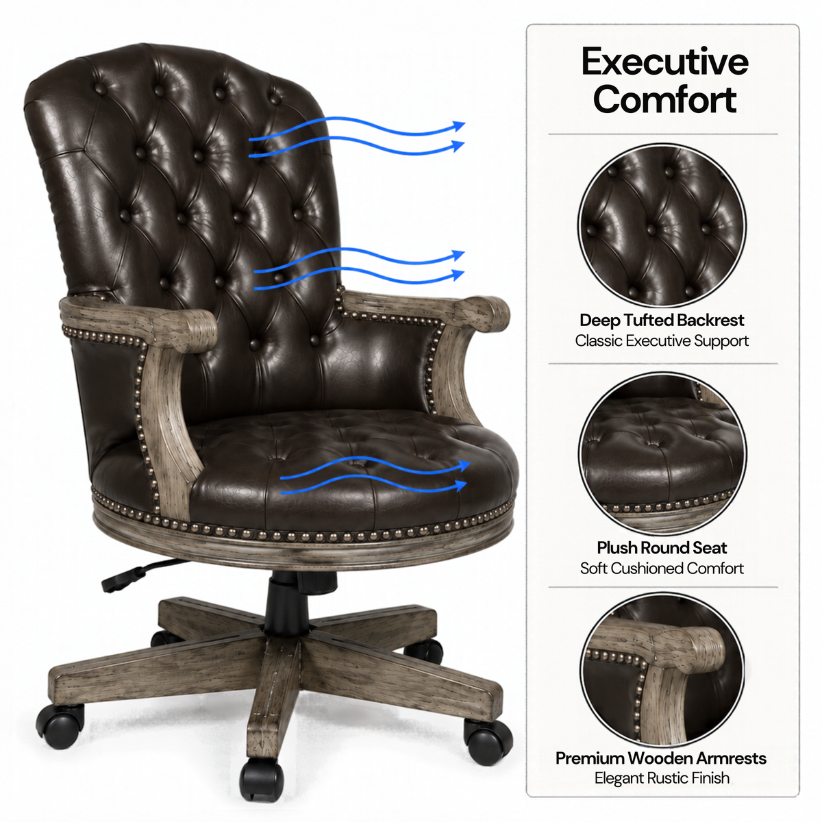 Director office Chair Tufted Design Made in Solid wood with Leatherette Upholstery & Armrest with Height Adjustable Premium Quality Chair