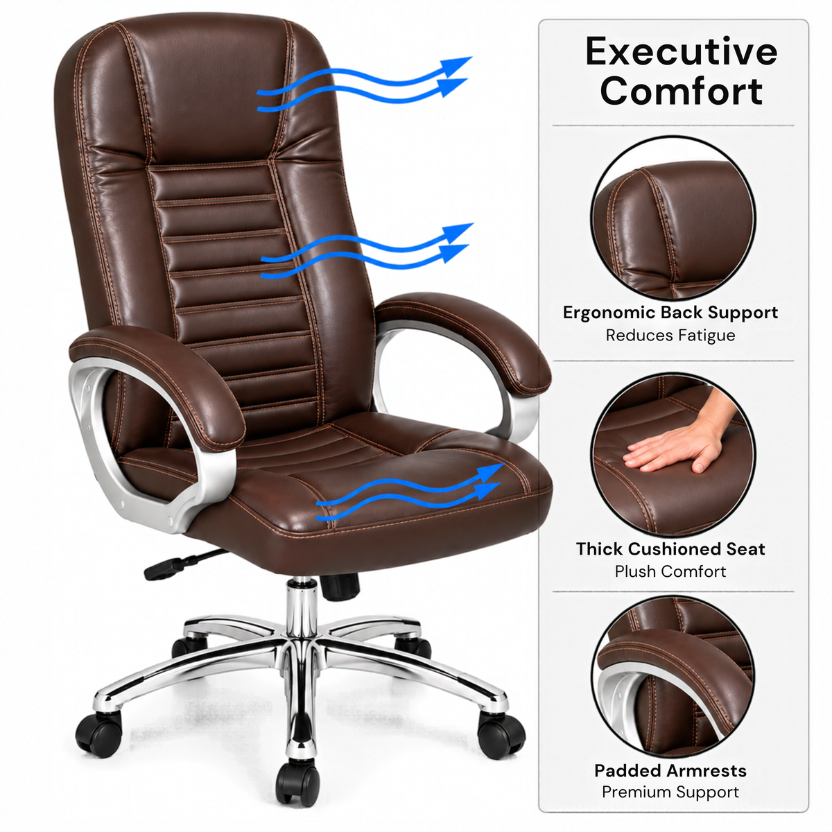 Premium Director Chair, Leatherette Upholstery, Powder-Coated Chrome Base