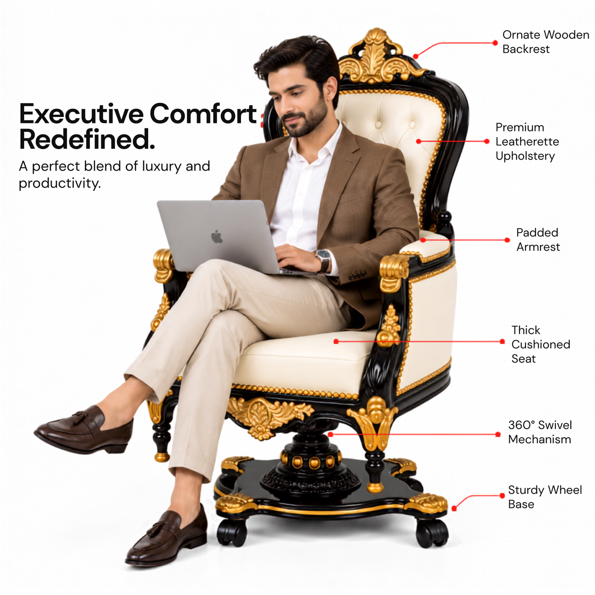 Luxury Royal Executive Office Chair with Tufted Upholstery, Hand-Carved Wooden Frame, High Back Swivel Chair for CEO Cabin & Home Office