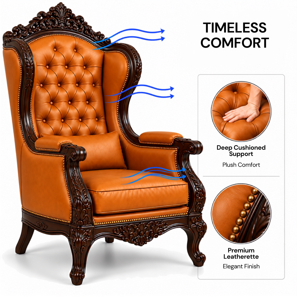 Royal Maharaja High Back Chair, upholstered in luxurious Leatherette, featuring wide armrests and design and Hand Crafting Chair Durable & High Comfort Chair