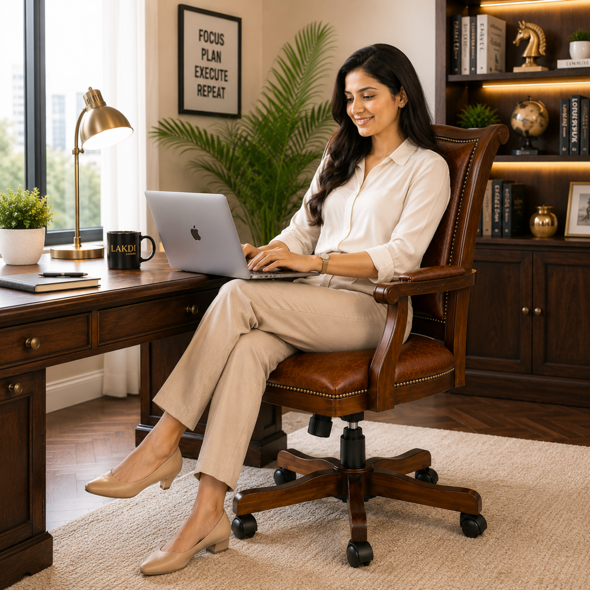 Premium Wooden Director Chair with Leatherette Upholstery, Ergonomic High Back, Handcrafted Solid Wood Frame, with Smooth Castor Wheels