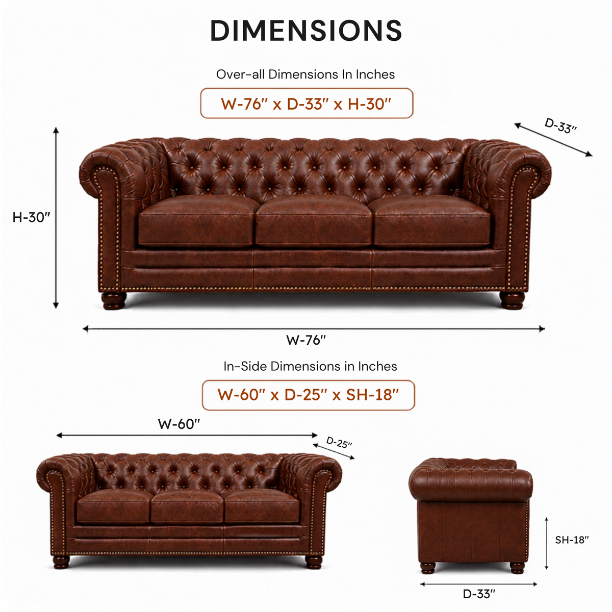 3 Seater chesterfield sofa Modern Design and Leatherette fabric Durable and Comfortable Padded Perfect for living Room, Office -Brown