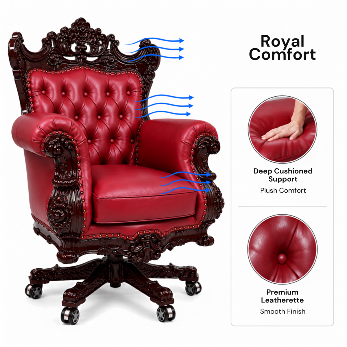 Design Hand Carved Teak Wood Adjustable Height 360D Swivel Button Tufted Office Armrest Chair