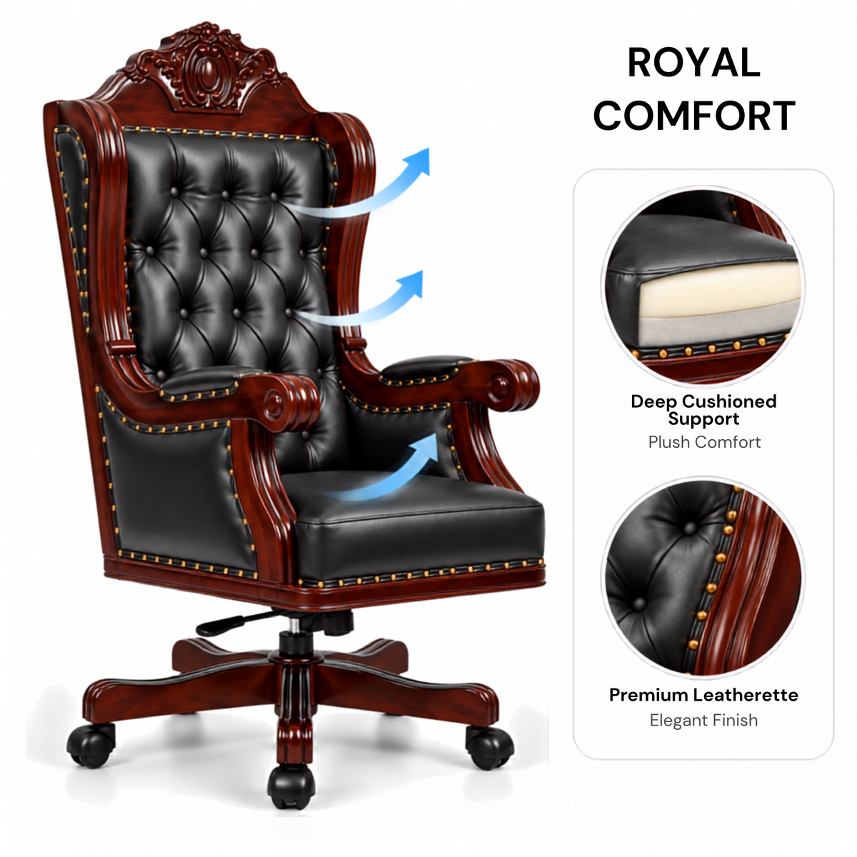 Director Chair Luxury High-Back Leatherette Office Chair with Adjustable Height, Fixed Armrests, Wooden Base, Premium Handcrafted Swivel Tilt Chair