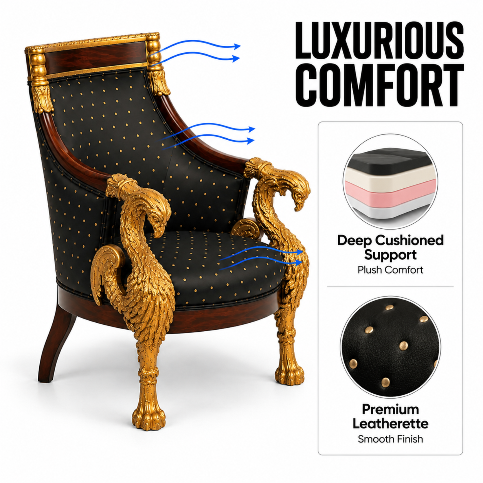 Royal Handcrafted Director's Chair – Solid Teak Wood with Fabric Upholstery & Golden Carved Armrests