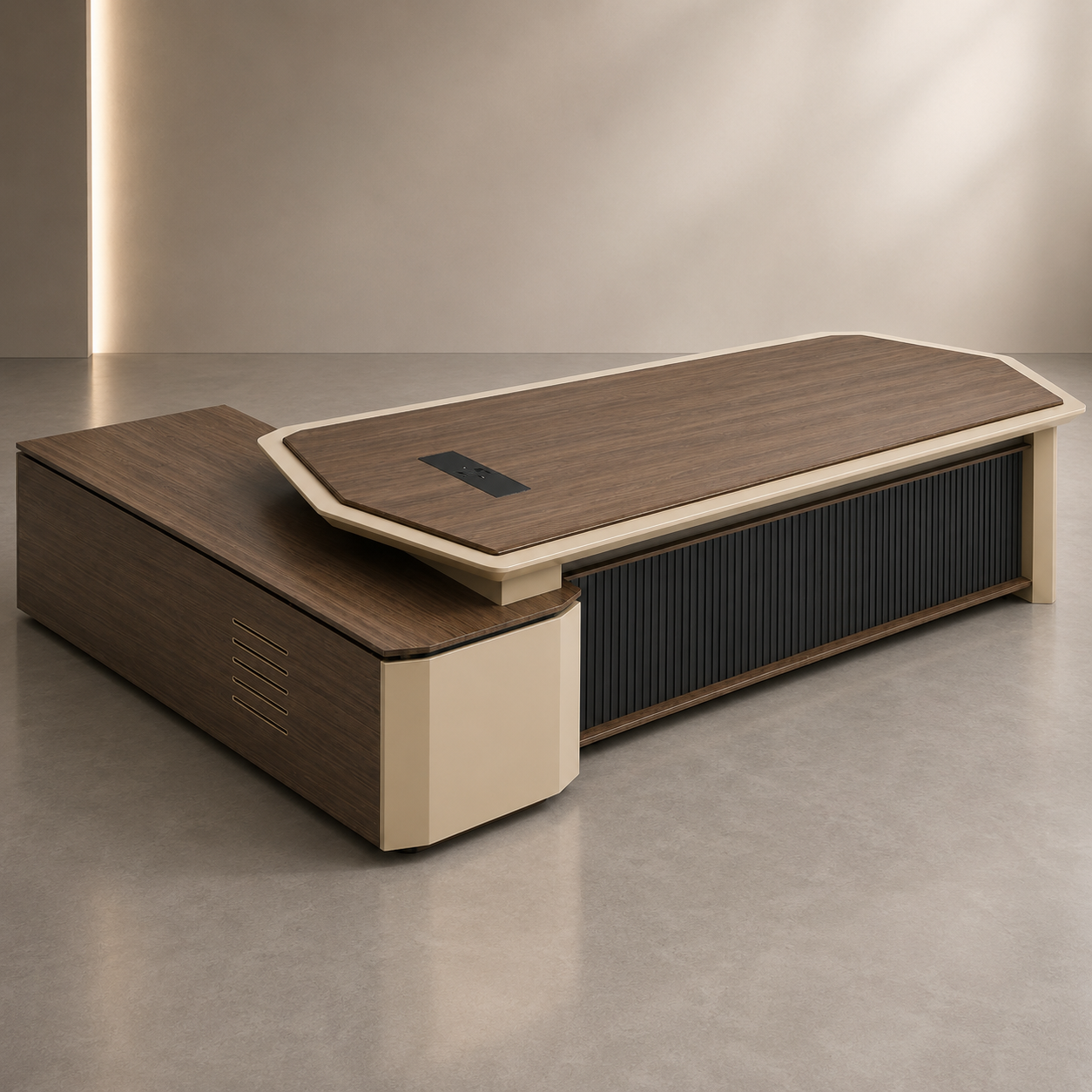 Director Desk with Side Organizer Credenza, Walnut and Cream Finish, Premium Construction and Contemporary Office Design