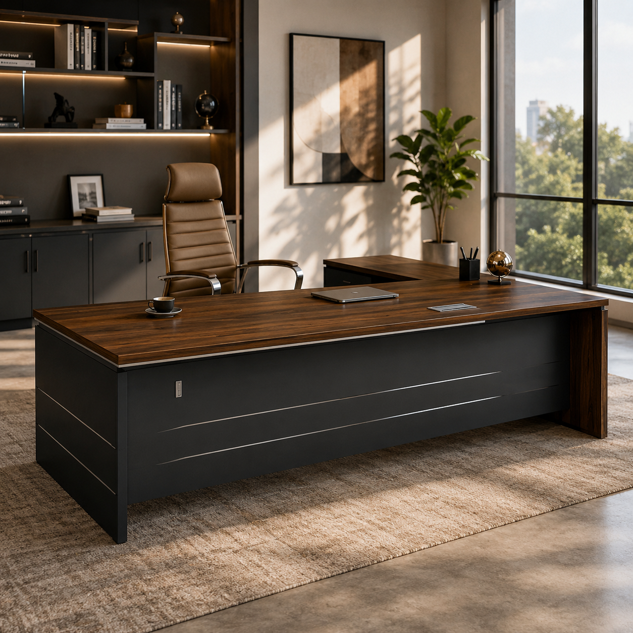 Director L-Shape Office Table Luxurious Executive Desk with Red Oak Finish Wire Management System and Power/Data Sockets