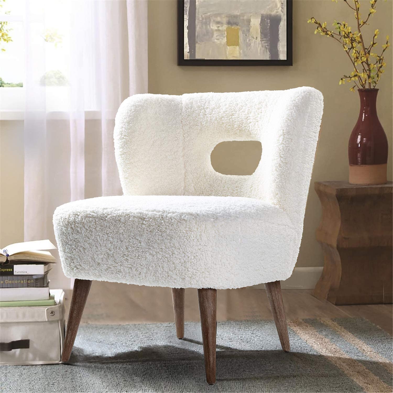 Accent Chair with Open Back & Wooden Legs, Armless Slipper Chair -
