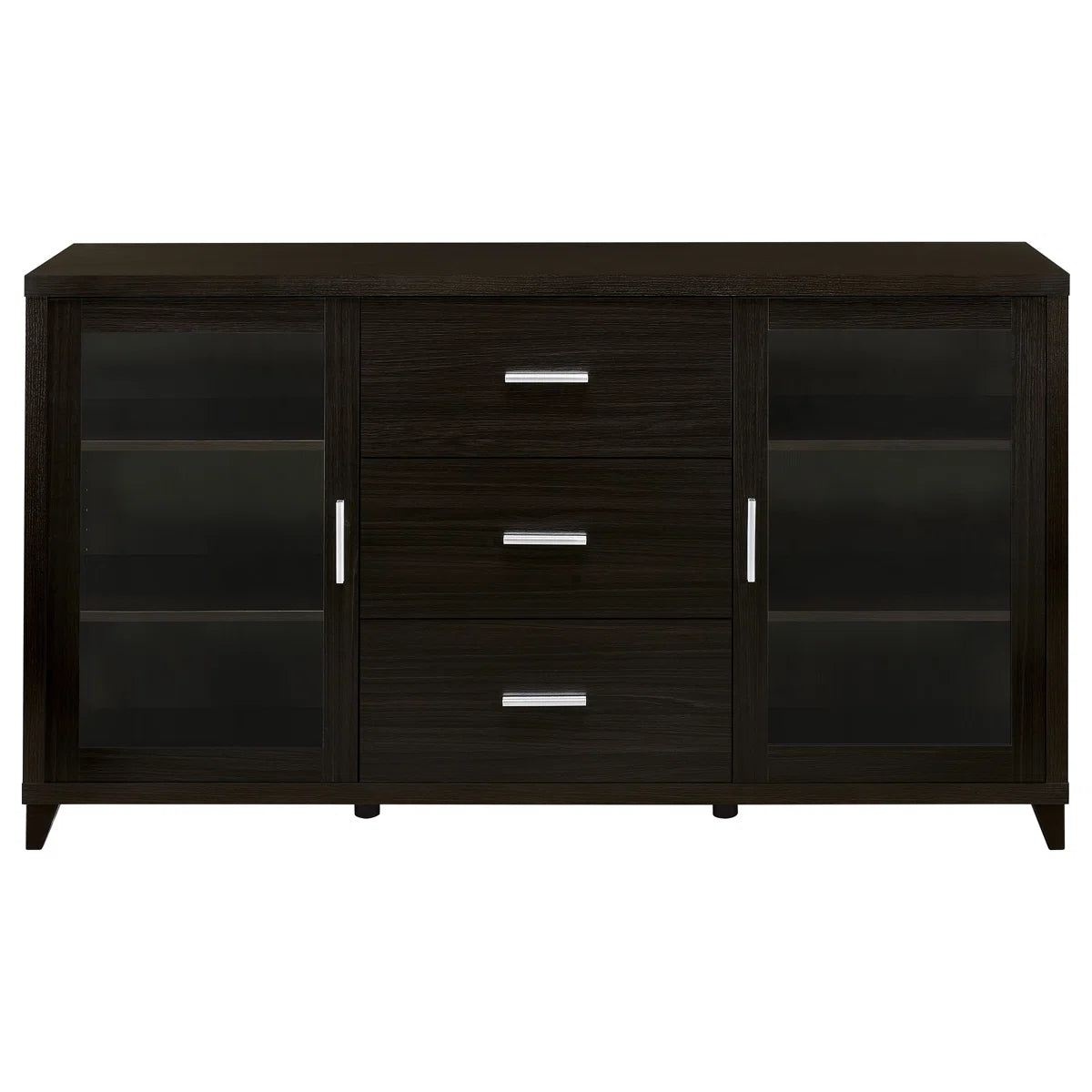 Modern dark wood TV stand featuring glass door cabinets, spacious drawers, and adjustable shelves