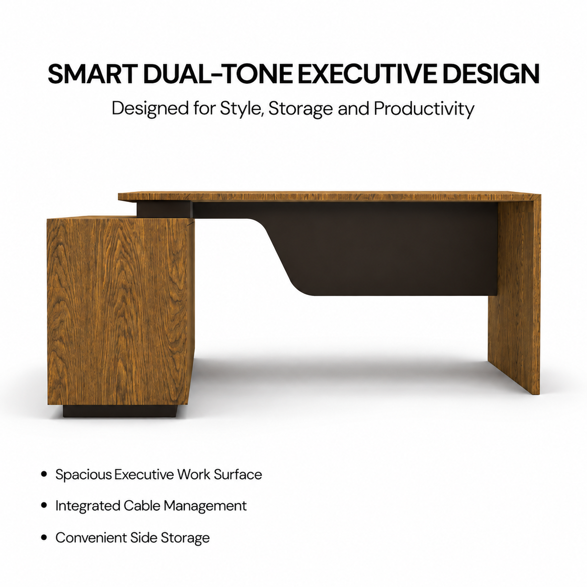 Luxury Director and Executive L Shape Office Table Made Particle Board with  Wire Manager Side Unit and Multi Drawers CPC Space  - Brown Color