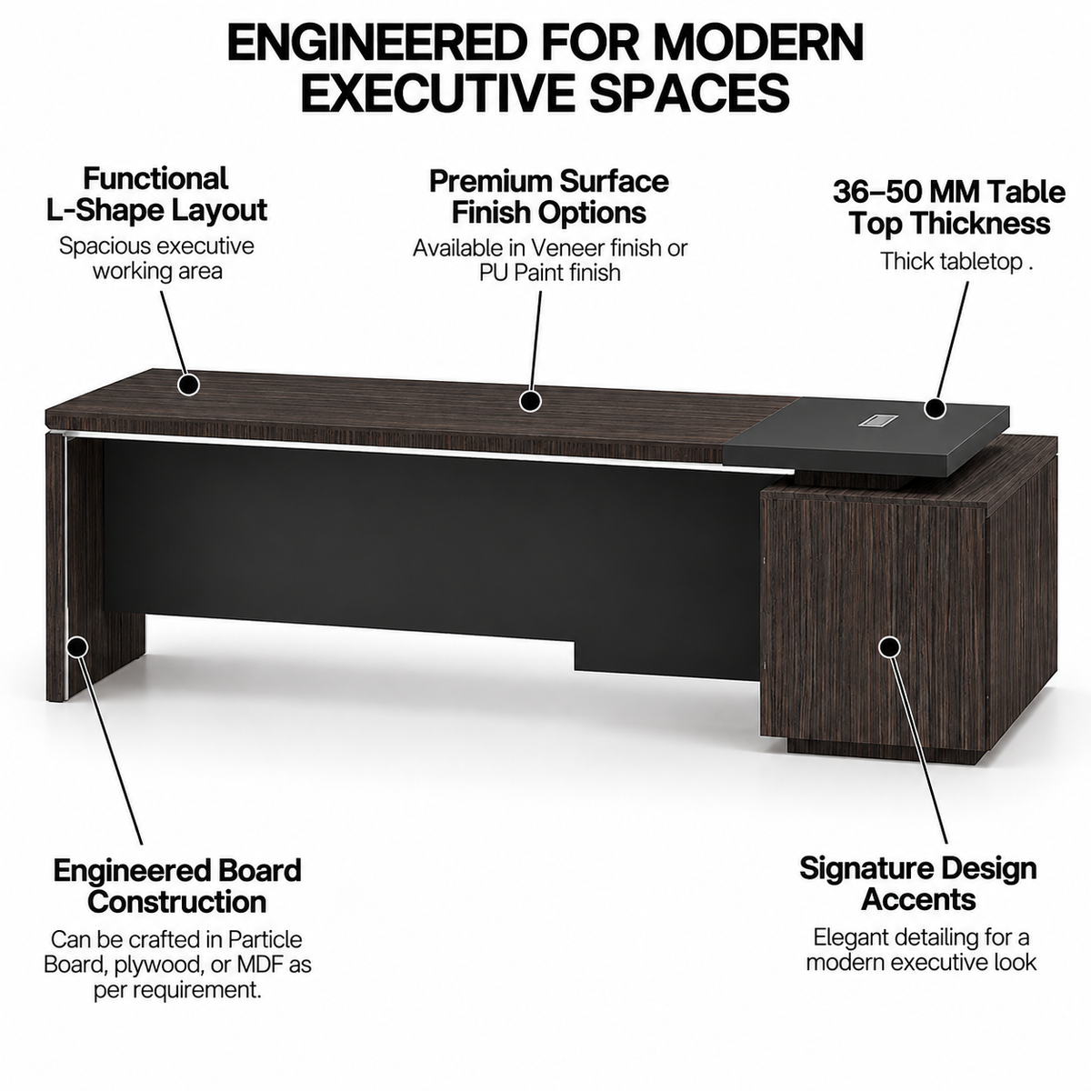Luxury Executive Director Table with Marble Finish Panels with Premium CEO Office Desk in Dark Wood and Modern L-Shape Corporate Furniture