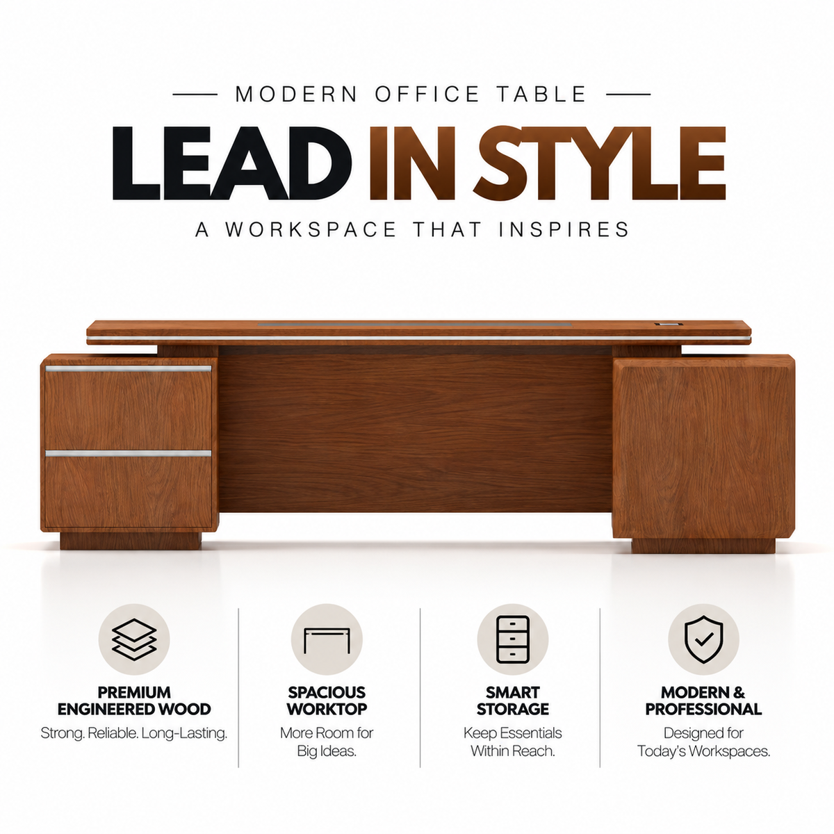 Luxury Executive Office Table with Side Storage, Premium PLY And amp; Manager Desk for Corporate Cabin and Office Interiors