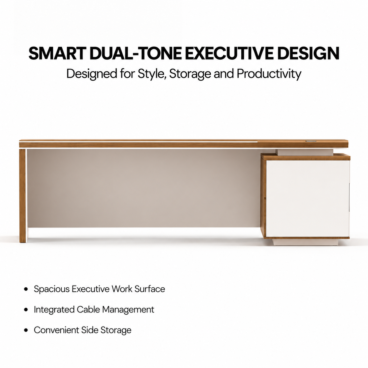 Luxury Modern Executive Director Table with Natural Wood Finish, White Panel Base, Integrated Side Storage, Cable Management & Spacious Premium Worktop
