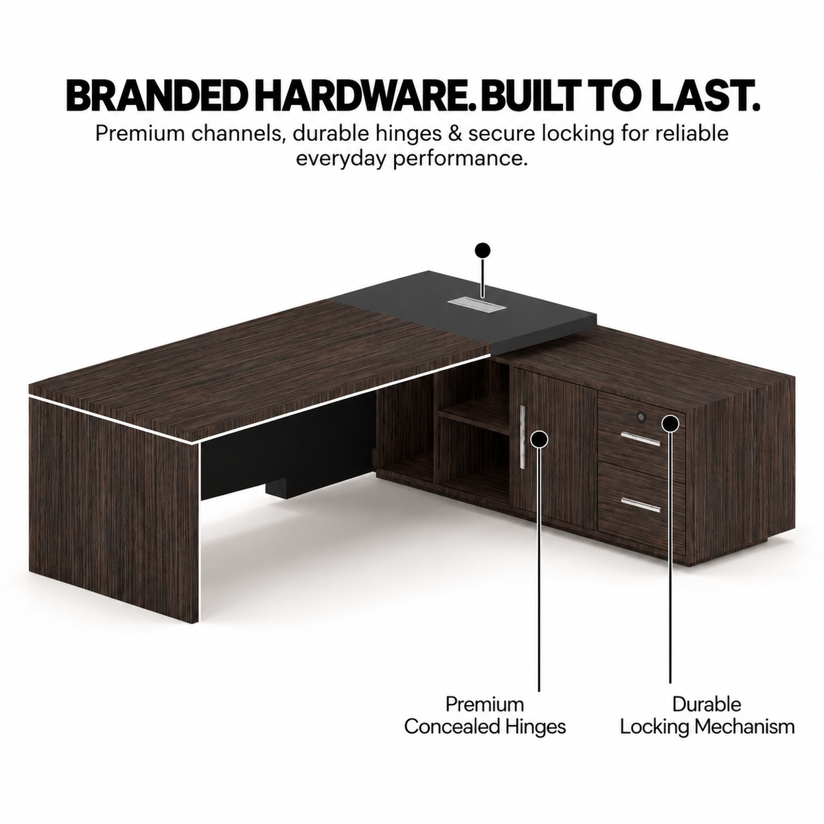 Luxury Executive Director Table with Marble Finish Panels with Premium CEO Office Desk in Dark Wood and Modern L-Shape Corporate Furniture