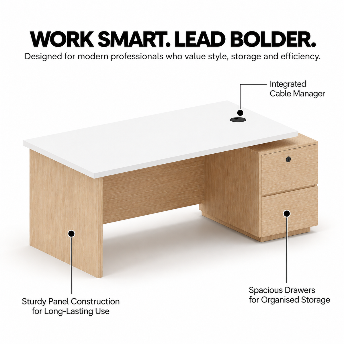 Modern Executive Office Desk with Side Organizer , Premium Manager Table in and with Finish for Workspace