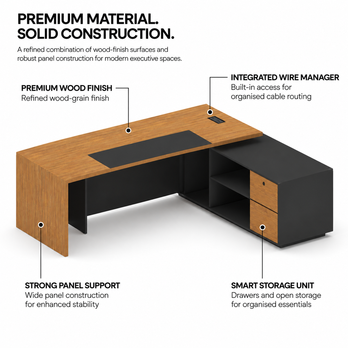 Director Table for office Furniture Made in Particle Board/ MDF/Plywood with Two shelves & Lockable Storage, One Wire Manager