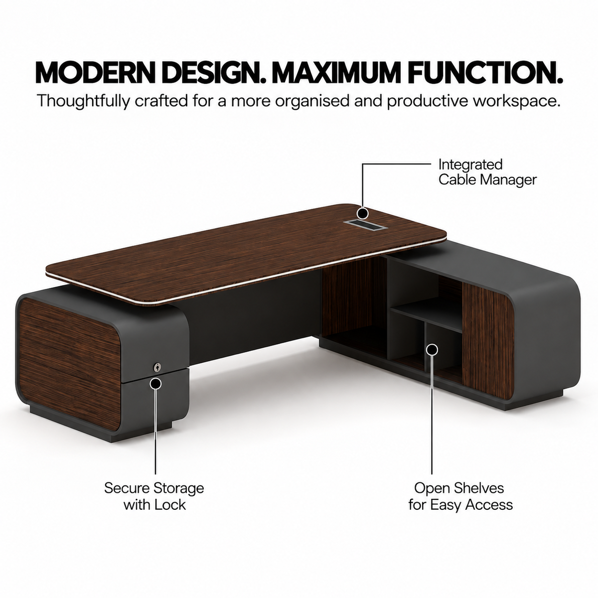 Luxury L Shape Director Office Table with Side Storage Unit, Premium Cabin Table for CEO, Director, MD Office Furniture