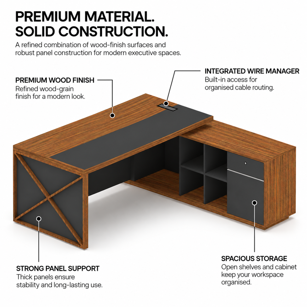 Director L-Shaped Office Table Luxury Design Double-layer Gable End and Modesty Panel Walnut & Grey Office