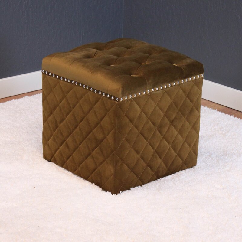Velvet Cube Shape Fabric Pouffe Footrest with Wooden Base